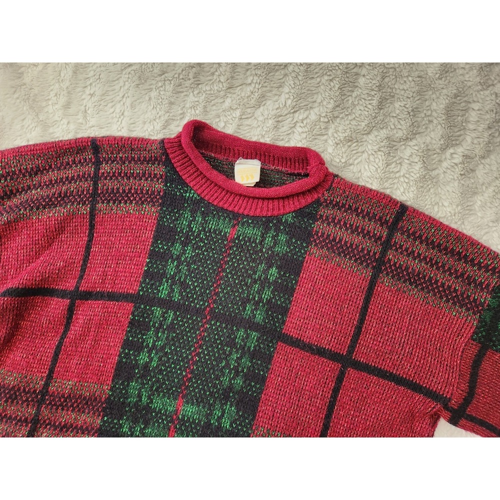 Vintage Holiday Time Christmas‎ Sweater Womens Large Red Green Plaid Metallic...